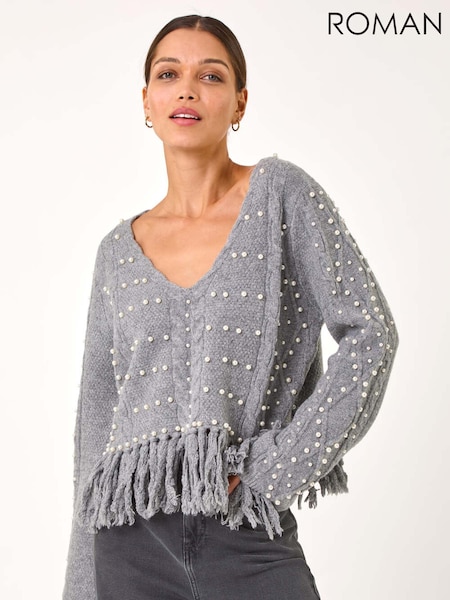 Roman V-Neck Fringe Textured Jumper (AP6008) | ‏302‏₪
