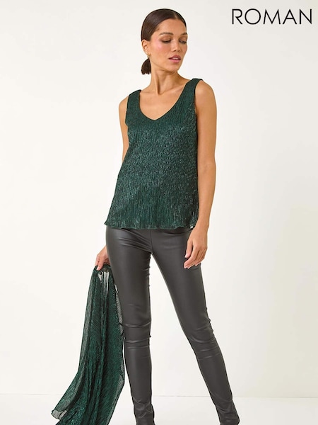 Roman Green V-Neck Metallic Spot Plisse Vest Top (AP6027) | €45