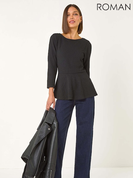 Roman Black Textured Peplum Stretch Top (AP6037) | €40