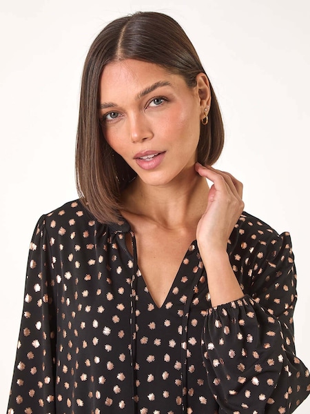 Roman Metallic Spot Print Foil Tie Neck Top (AP6062) | AED328