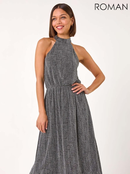 Roman Metallic Sparkle Halter Neck Stretch Midi Dress (AP6066) | 322 QAR
