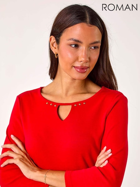 Roman Red Trim Detail Keyhole 100% Cotton Stretch Top (AP6070) | €40