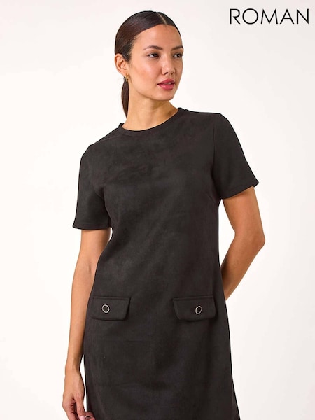 Roman Black Suedette Button Shift Stretch Dress (AP6072) | €56