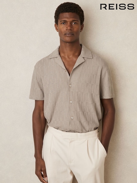 Reiss Mink Brown Ackling Cotton Textured Cuban-Collar Shirt (AP6288) | € 153