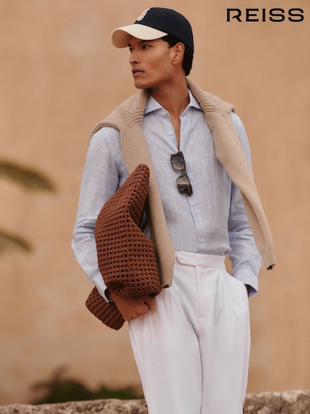 Reiss Soft Blue/White Fine Stripe Ruban Linen Striped Cutaway-Collar Shirt (AP6296) | €167
