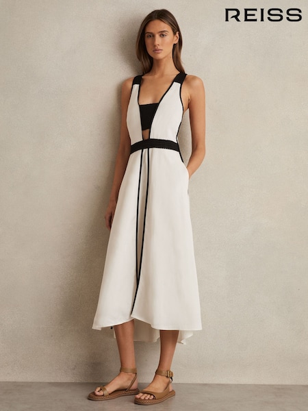 Reiss Valencia Contrast Trim Flared Midi Dress With Linen (AP6297) | €350