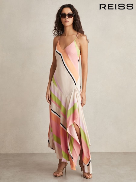 Reiss Pink/Green Hallia Stripe-Print Handkerchief Maxi Dress (AP6303) | ₪1,677