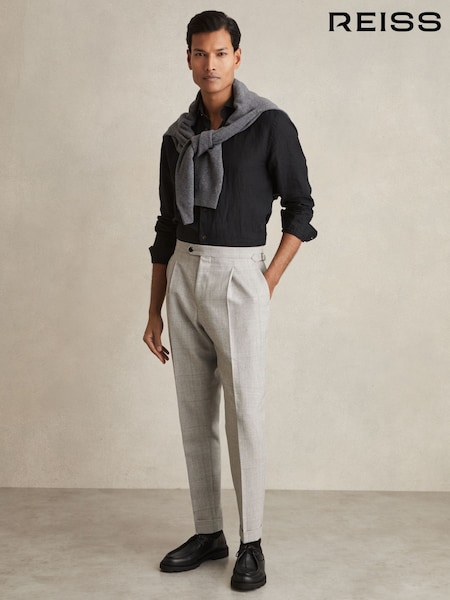 Reiss Soft Grey Melange Tecnic Wool-Linen Check Tapered Trousers (AP6304) | AED1,138