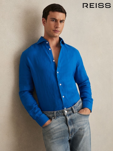 Reiss Bright Blue Ruban Linen Striped Cutaway-Collar Shirt (AP6308) | €142