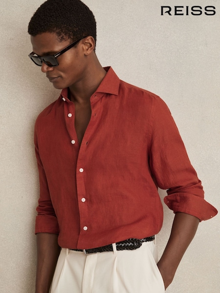 Reiss Paprika Red Ruban Linen Striped Cutaway-Collar Shirt (AP6312) | 720 QAR
