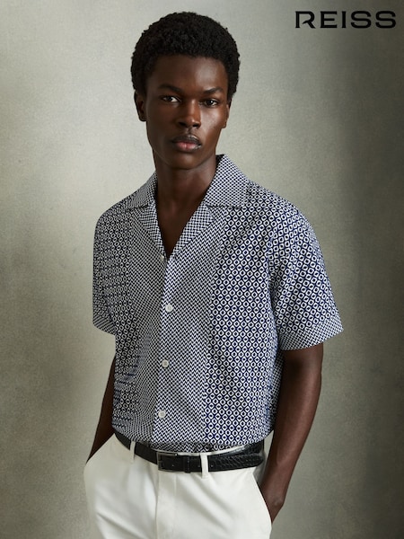 Reiss Navy/White Matisse Geometric-Jacquard Cuban-Collar Shirt (AP6328) | €174