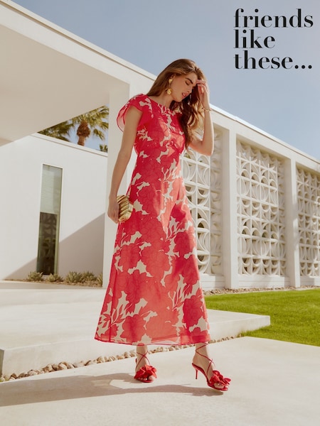 Friends Like These Red Floral Petite Flutter Sleeve Empire Midi Dress (AP6345) | 292 QAR