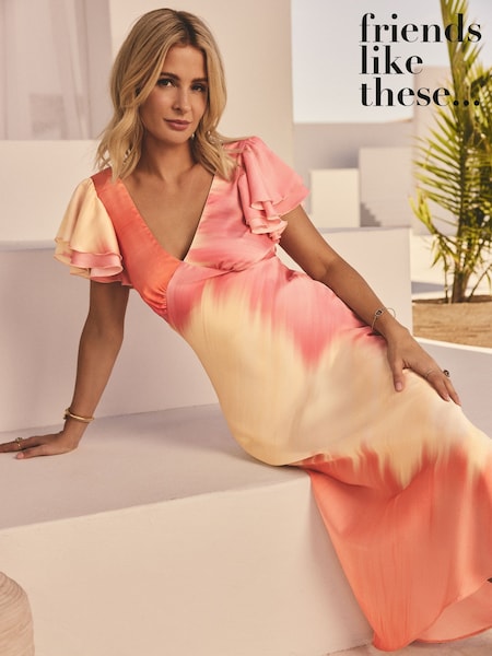 Friends Like These Pink Ombre Ombre Millie Mackintosh Satin V-Neck Ruffle Sleeve Midi Dress (AP6349) | $84