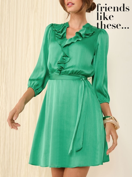 Friends Like These Green Satin Frill 3/4 Sleeve Mini Dress (AP6351) | $75