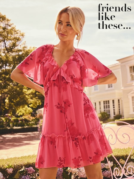 Roz - Rochie mini din șifon cu volănașe Friends Like These Millie Mackintosh (AP6352) | 335 LEI