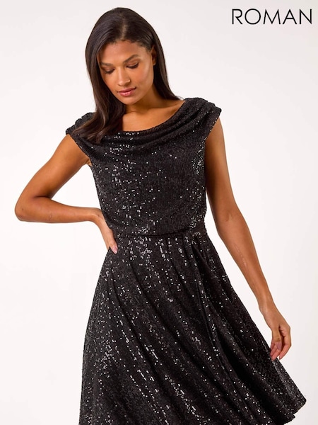 Черный - Roman Sequin Cowl Neck Stretch Midi Dress (AP6606) | €103