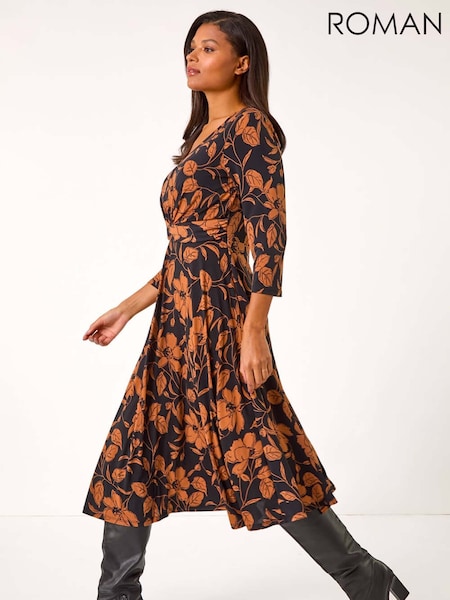 Roman Brown Leaf Print Wrap Midi Dress (AP6609) | €69