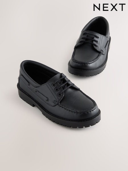 Black Leather Chunky Cleated Boat School Shoe (AP6615) | €45 - €55