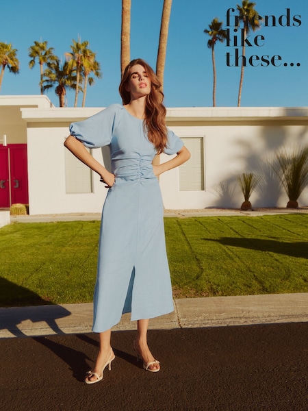 Friends Like These Pale Blue Ruched Front Puff Sleeve Midi Dress (AP6743) | 243 QAR