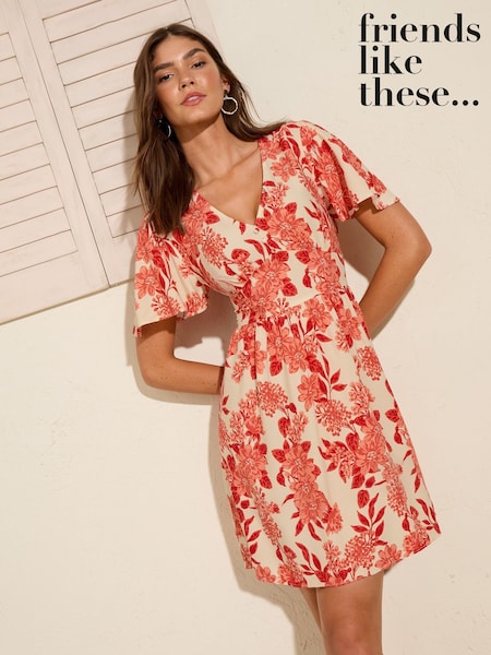 Friends Like These Red Floral V-Neck Angel Sleeve Mini Dress (AP6745) | ₪176