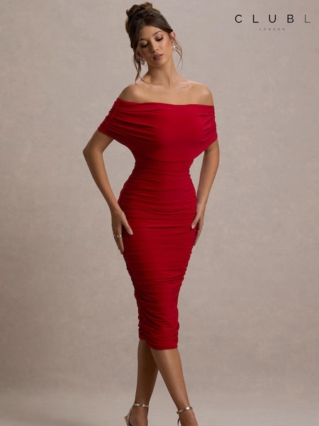 Красный - Club L London Rayleigh Bardot Ruched Midi Dress (AP6753) | €93
