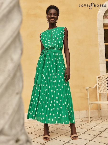 Verde cu buline - Love & Roses Scallop Detail Pleated Midi Dress (AP7055) | 506 LEI