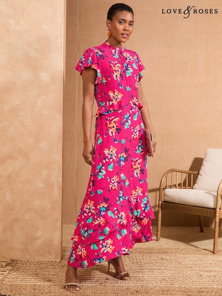 Imprimeu floral roz - Rochie midi peplum Love & Roses cu gât înalt, volănașe și detalii metalice împodobite (AP7063) | 484 LEI