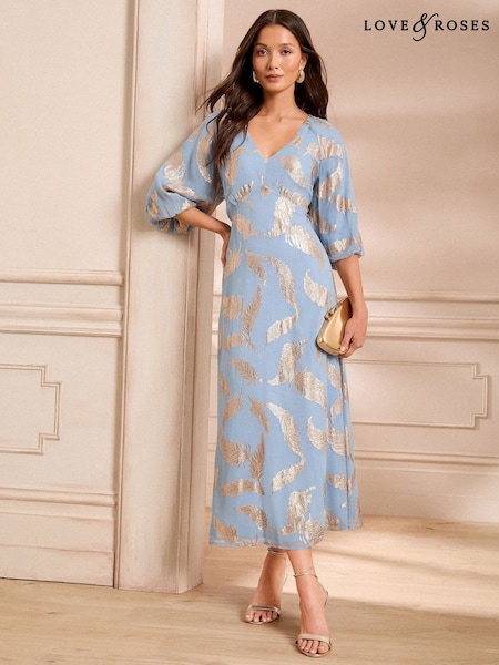 Love & Roses Blue Feather Metallic Puff Sleeve Midi Dress (AP7075) | 391 QAR