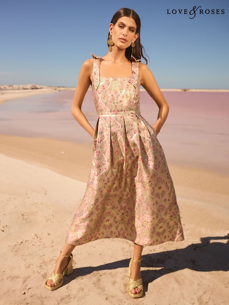 V&A I Love & Roses Metallic Structured Pleated Midi Dress (AP7077) | 708 LEI