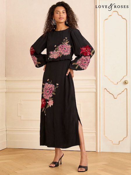 Love & Roses Black Floral Embellished Midi Dress (AP7078) | €87