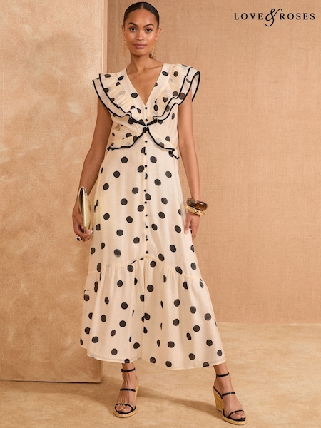 Negru/Alb - Rochie midi cu volane și mânecă scurtă Love & Roses cu guler în V (AP7079) | 588 LEI