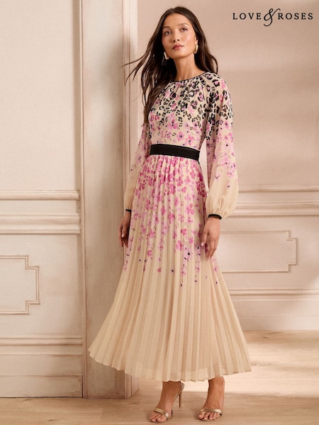 Love & Roses Ivory Animal Petite Printed Crew Neck Pleated Long Sleeve Midi Dress (AP7093) | $135