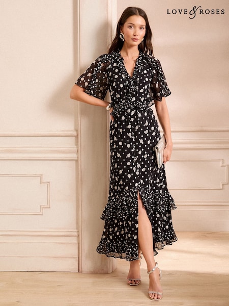 Love & Roses Black Spot Metallic Ruffle Maxi Dress (AP7095) | €113