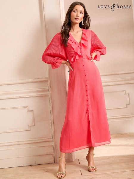 Love & Roses Coral Pink Petite Pleated Ruffle Midi Dress (AP7097) | 341 QAR
