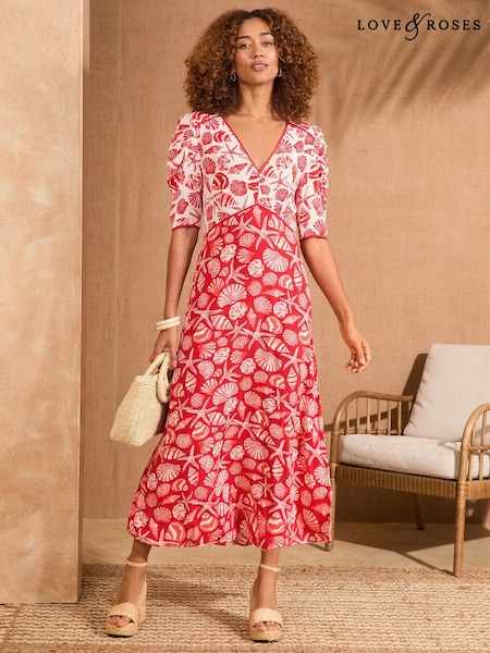 Love & Roses Red Shell V-Neck Ruched Sleeve Midi Dress (AP7100) | €100