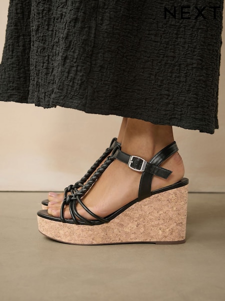 Black Forever Comfort® Plaited Strappy Wedge Heels (AP7120) | AZN 98