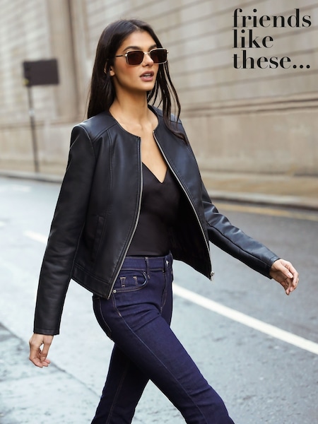 Friends Like These Faux Leather Short Collarless Jacket (AP7182) | ‏285 د.إ.‏