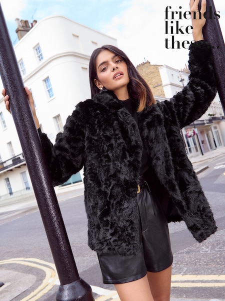 Friends Like These Black Textured Faux Fur Mid Length Coat (AP7192) | €102