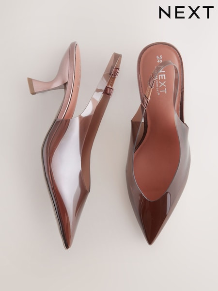 Čokoladno rjava - Forever Comfort® Point Toe Vinyl Slingback Kitten Heels (AP7289) | € 41
