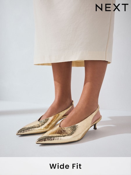Gold Extra Wide Fit Forever Comfort® Point Toe Low Slingback Kitten Heels (AP7335) | 126 QAR