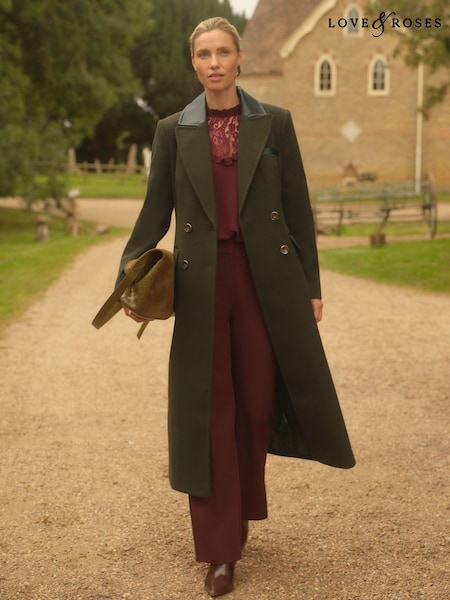 Love & Roses Khaki Green PU Collar Longline Double Breasted Coat (AP7350) | R$ 950