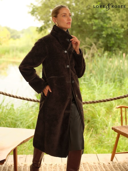 Love & Roses Chocolate Brown Tipped Midi Shearling Coat (AP7353) | R$ 980
