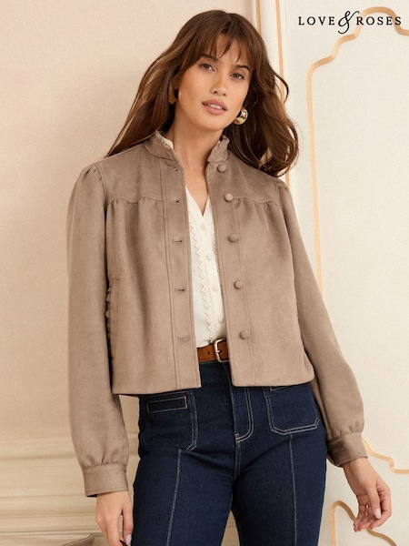 Love & Roses Tan Brown Faux Suede Collarless Jacket (AP7377) | €19