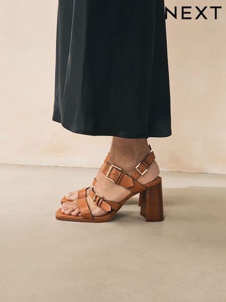 Tan Brown Forever Comfort® Strappy Buckle Block Heel Sandals (AP7410) | €67