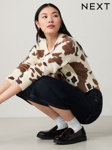 Brown Cow Print - Crew Neck Knitted Cardigan With Wool (AP7468) | 1 345 Kč