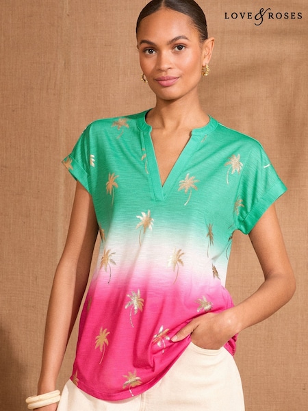 Love & Roses Pink And Green Ombre Foil V-Neck Jersey T-Shirt (AP7473) | ₪141