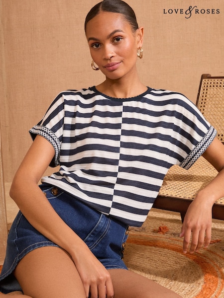 Love & Roses Navy and White Stripe Crochet Trim Crew Neck Jersey T-Shirt (AP7485) | 1,502 UAH