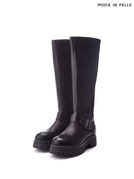 Moda in Pelle Remy Angular Buckle Strap Leather Long Brown Boots (AP7861) | ₪950