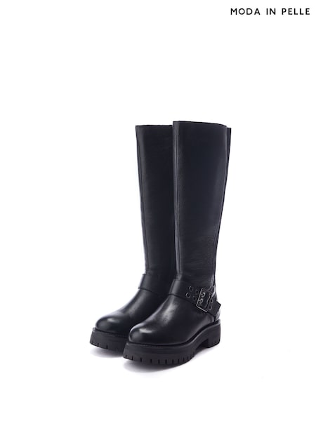 Moda in Pelle Remy Angular Buckle Strap Leather Long Black Boots (AP7868) | €267