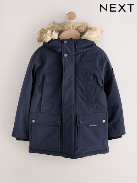 Navy Heavyweight Shower Resistant Faux Fur Trim Parka Coat (3-16yrs) (AP8146) | € 45 - € 56